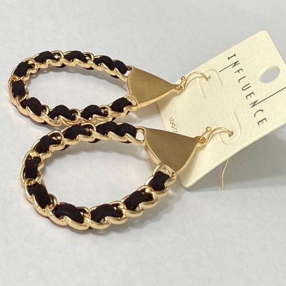 CHANEL LINK CHAIN DROP HOOP EARRINGS - GOLD & BLACK LEATHER - Picture 2 of 5